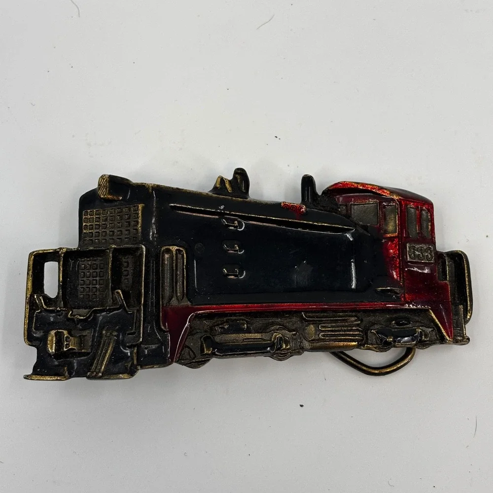 The Great American Buckle Co Belt Buckle Mens Black Red Train Engine 1980 USA
